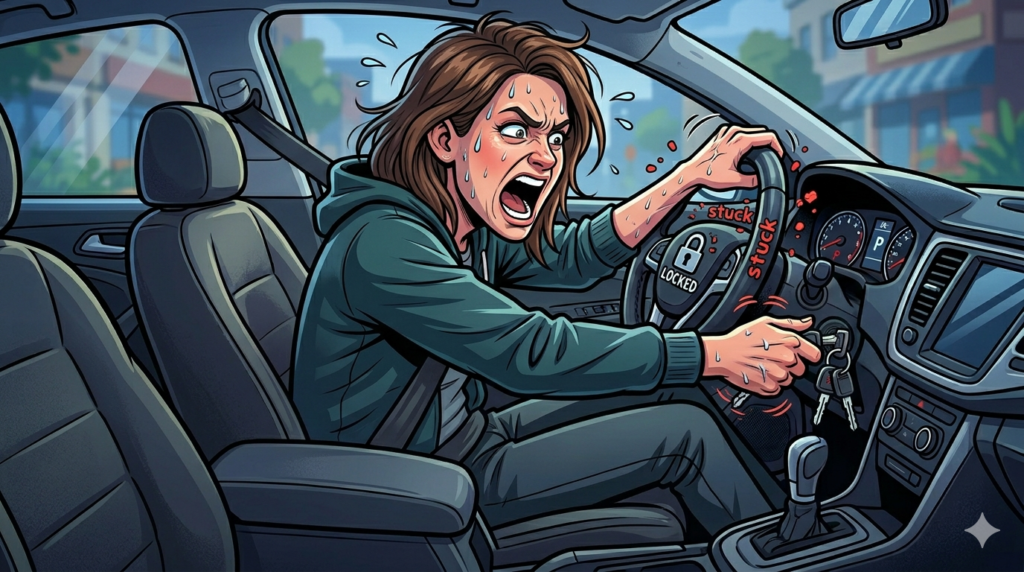 woman stuck inside car steering wheel locked